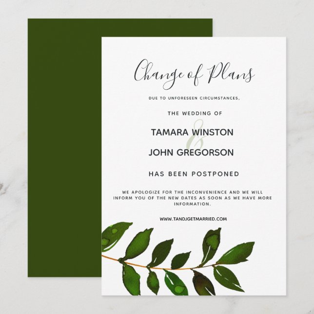 Simple Minimalist Greenery Postpone Wedding Invitation (Front/Back)
