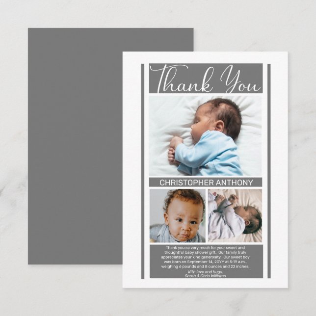 Simple Minimalist Grey Baby Shower Boy Thank You (Front/Back)
