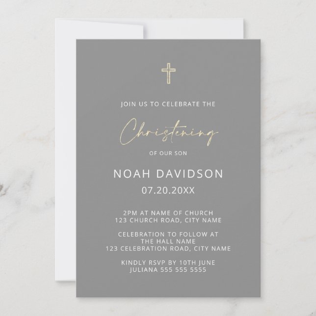 Simple Minimalist Grey & Gold Cross Christening Invitation (Front)