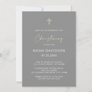 Simple Minimalist Grey & Gold Cross Christening Invitation