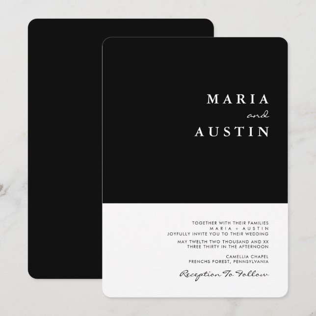 Simple Minimalist Half Black Half White Wedding Invitation (Front/Back)