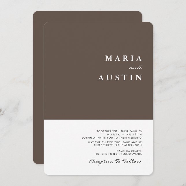 Simple Minimalist Half Brown Half White Wedding Invitation (Front/Back)