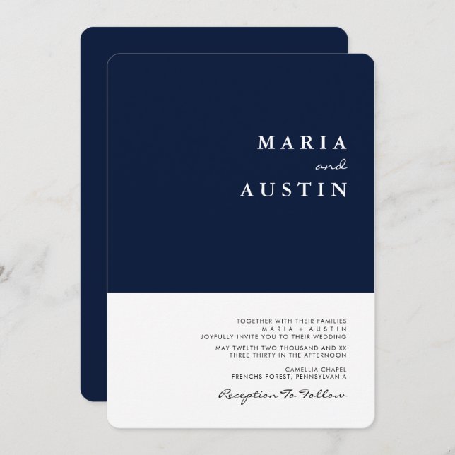 Simple Minimalist Half Navy Blue White Wedding Invitation (Front/Back)