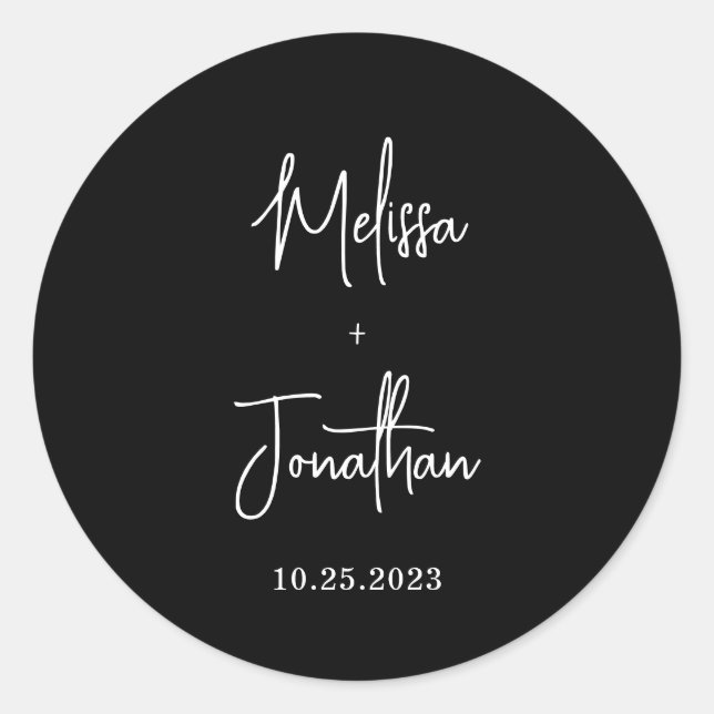 Simple Minimalist Handwritten Script Black Wedding Classic Round Sticker (Front)