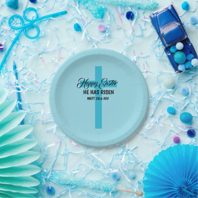 Simple Minimalist Happy Easter Light Blue Cross Paper Plate (Party)