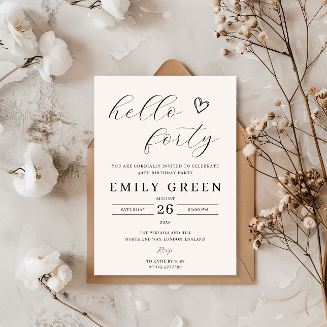 Simple Minimalist Hello Forty 40th Birthday Party Invitation (Creator Uploaded)