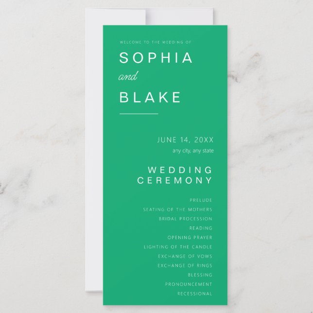 Simple Minimalist Jade Green Wedding Program (Front)