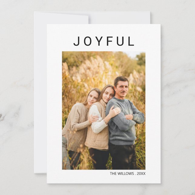 Simple Minimalist Joyful Holiday Family Photo Card (Front)