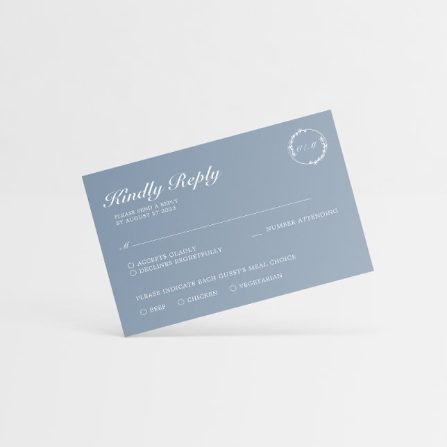 Simple Minimalist Leaf Dusty Blue Monogram RSVP Card (Creator Uploaded)