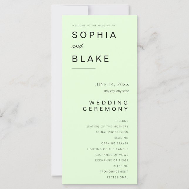 Simple Minimalist Light Green Wedding Program (Front)