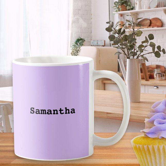 Simple Minimalist Lilac Name Coffee Mug (A stylish minimalist mug, personalized with a name in black lettering on a pretty lilac background)