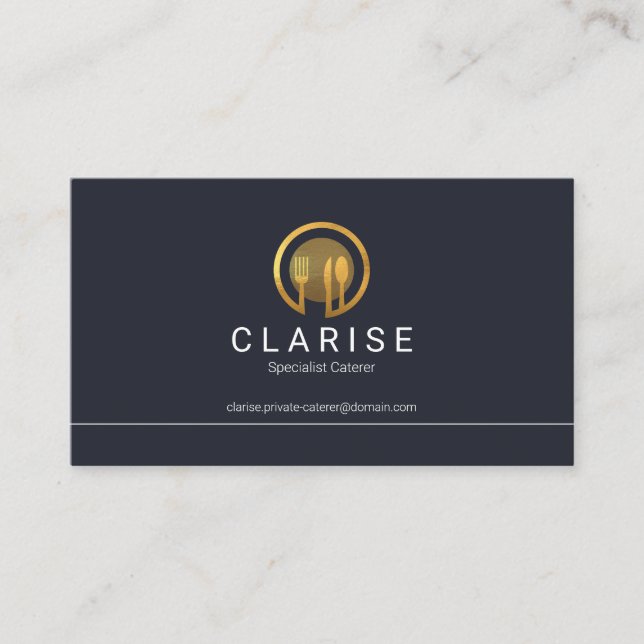 Simple Minimalist Line Border Gold Cutlery Chef Business Card (Front)