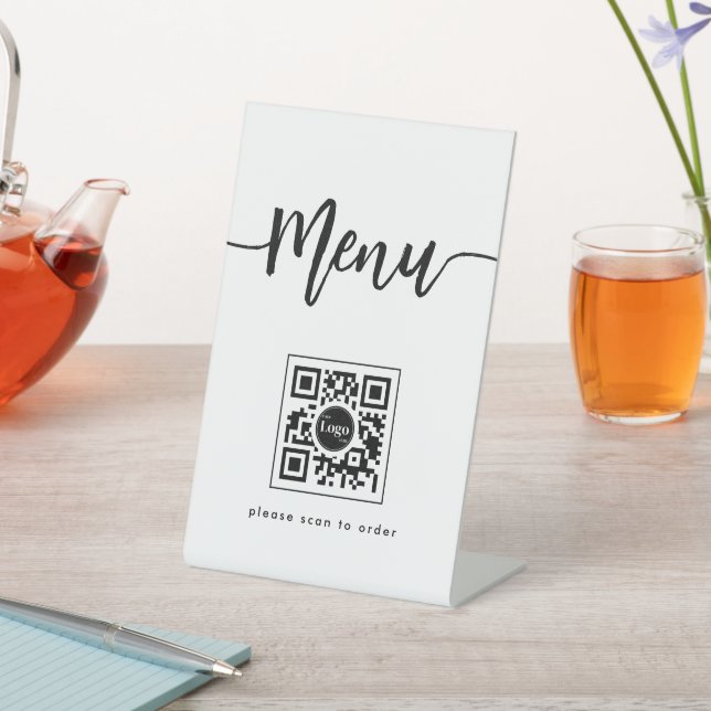 Simple Minimalist Menu Script QR Code White Pedestal Sign (In SItu)