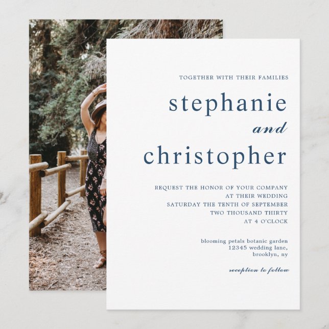 Simple Minimalist Modern Blue Script Photo Wedding Invitation (Front/Back)