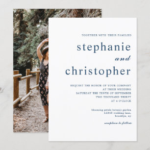 Simple Minimalist Modern Blue Script Photo Wedding Invitation