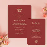 Simple Minimalist Modern Chinese Red Wedding Invitation<br><div class="desc">A modern minimalist Chinese wedding invitation featuring the Double Happiness symbol, representing good fortune and joy. The red and gold colour scheme is both elegant and auspicious, making it the perfect choice for your special day. The matching RSVP invitation is available at: https://www.zazzle.com/simple_minimalist_modern_chinese_red_rsvp_wedding_invitation-256921750951264336 The matching Detail Enclosure card is available...</div>