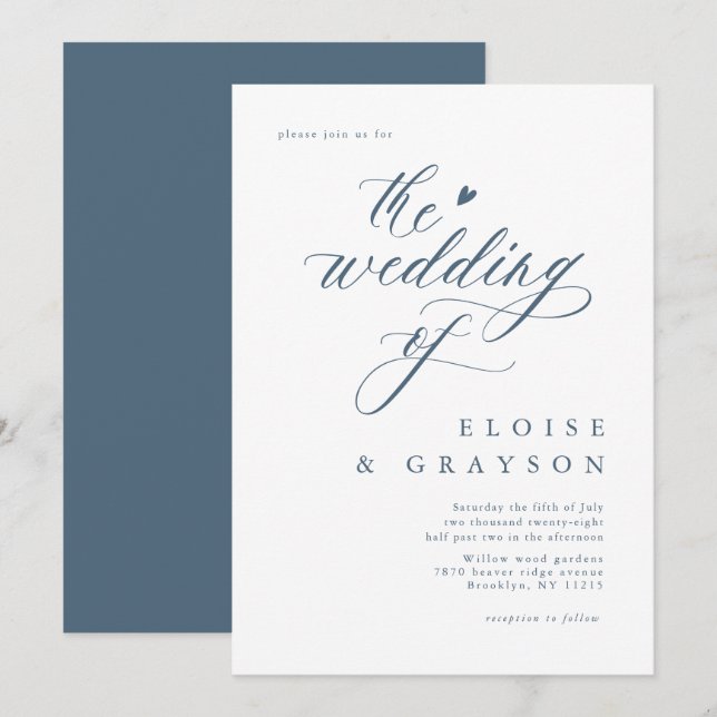 Simple Minimalist Modern Dusty Blue  Wedding Invitation (Front/Back)