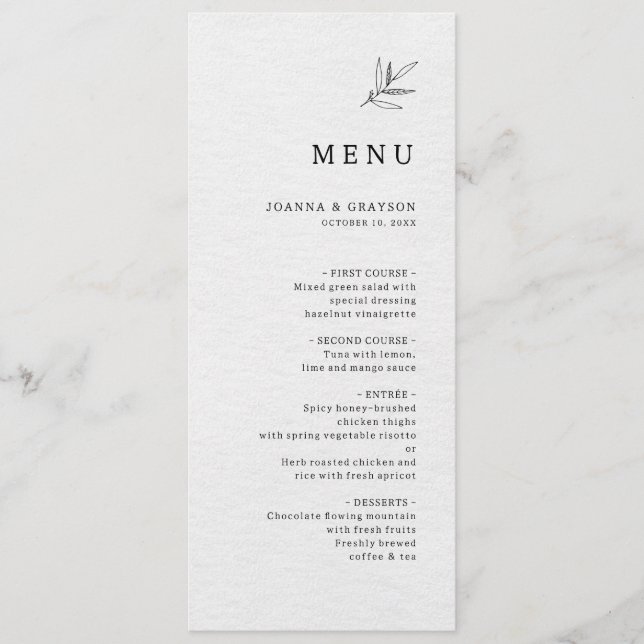 Simple Minimalist Modern Eucalyptus Olive Wedding Menu (Front)