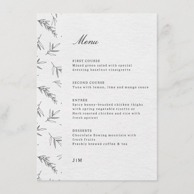 Simple Minimalist Modern Eucalyptus Olive Wedding  Menu (Front)