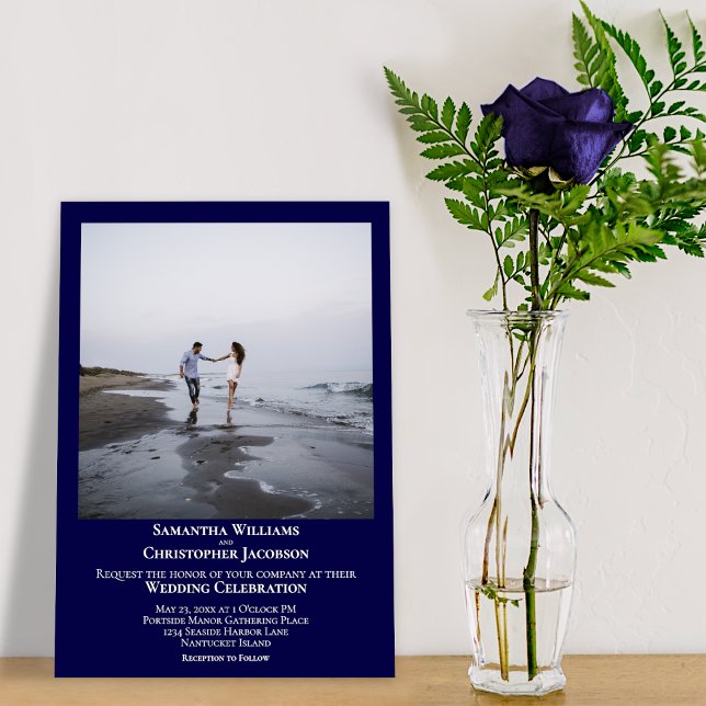 Simple Minimalist Modern Navy Blue Photo Wedding Invitation (Creator Uploaded)