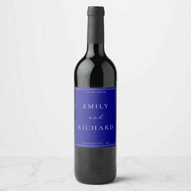 Simple Minimalist Modern Navy Blue Silver Wedding Wine Label (Front)
