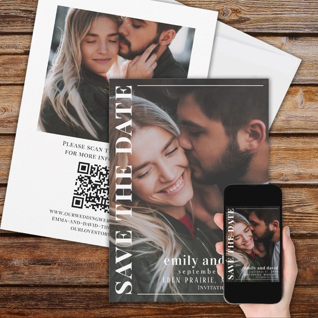 Simple Minimalist Modern Two Photo | QR Code Save The Date (Modern style wedding save the dale photo card with a full bleed photo template. )