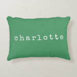 Simple Minimalist Name Design in Green Custom Accent Pillow<br><div class="desc">This cute simple custom throw pillow features a modern minimalist design of your name in a retro typewriter font in black on a Kelly Green background. Great gift idea!</div>