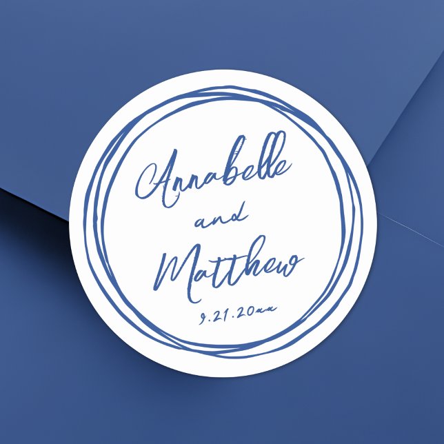 Simple Minimalist Names Blue Hand Drawn Wedding Classic Round Sticker (Simple Minimalist Names Blue Hand Drawn Wedding Classic Round Sticker)