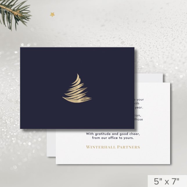 Simple Minimalist Navy Blue Gold Christmas Tree Holiday Card (Creator Uploaded)