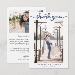 Simple Minimalist Navy Blue Script Wedding Photo Thank You Card