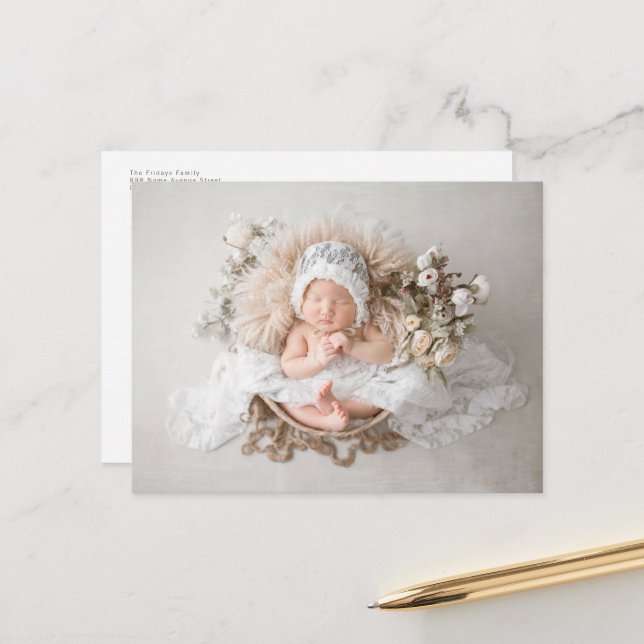 Simple Minimalist New Baby Arrival Announcement Postcard (Front/Back In Situ)