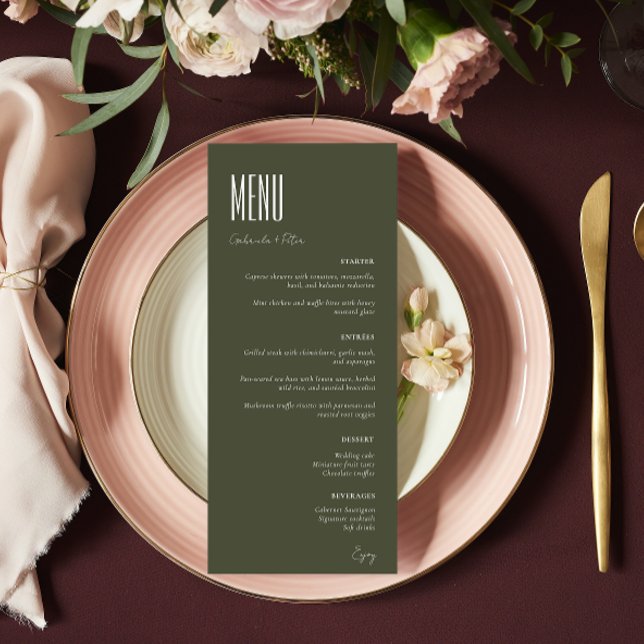 Simple Minimalist Olive Green Modern Wedding Menu (Creator Uploaded)