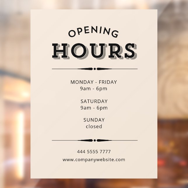 Simple Minimalist Opening Hours Black on Beige Window Cling (Sheet 2)
