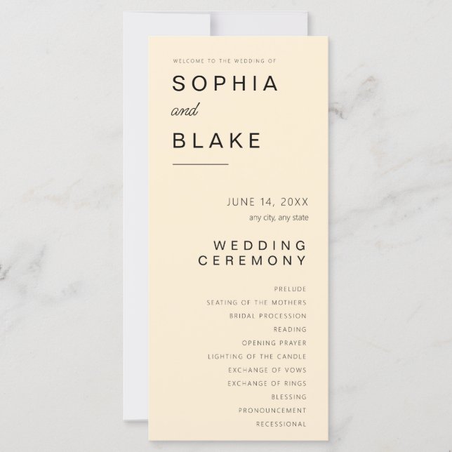 Simple Minimalist Papaya Whip Wedding Program (Front)