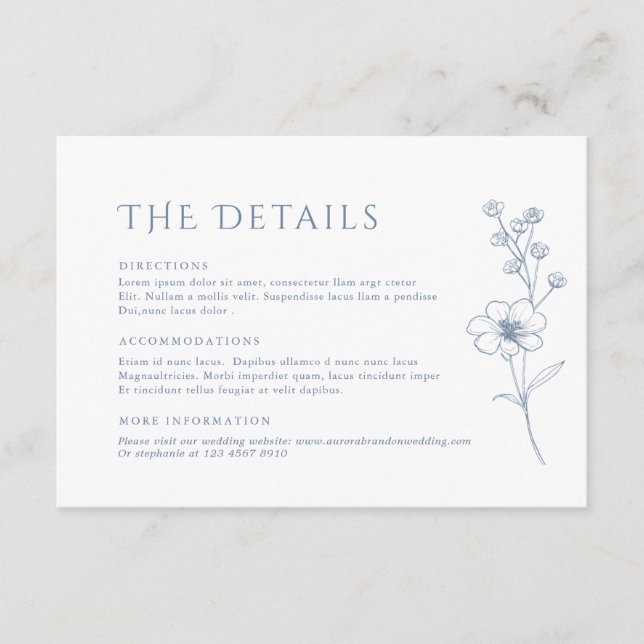 Simple Minimalist Periwinkle Flora Wedding Details Enclosure Card (Front)