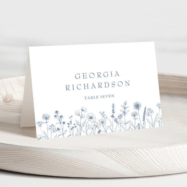 Simple Minimalist Periwinkle Wildflower Place Card (Simple Minimalist blue Periwinkle Wildflower Wedding guest name place card)