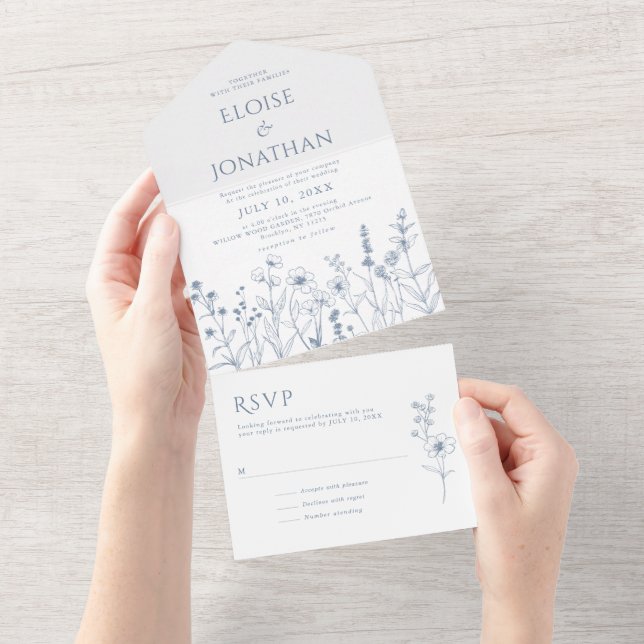 Simple Minimalist Periwinkle Wildflower Wedding All In One Invitation (Tearaway)