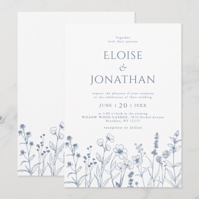 Simple Minimalist Periwinkle Wildflower Wedding Invitation (Front/Back)