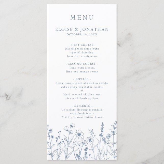 Simple Minimalist Periwinkle Wildflower Wedding Menu (Front)
