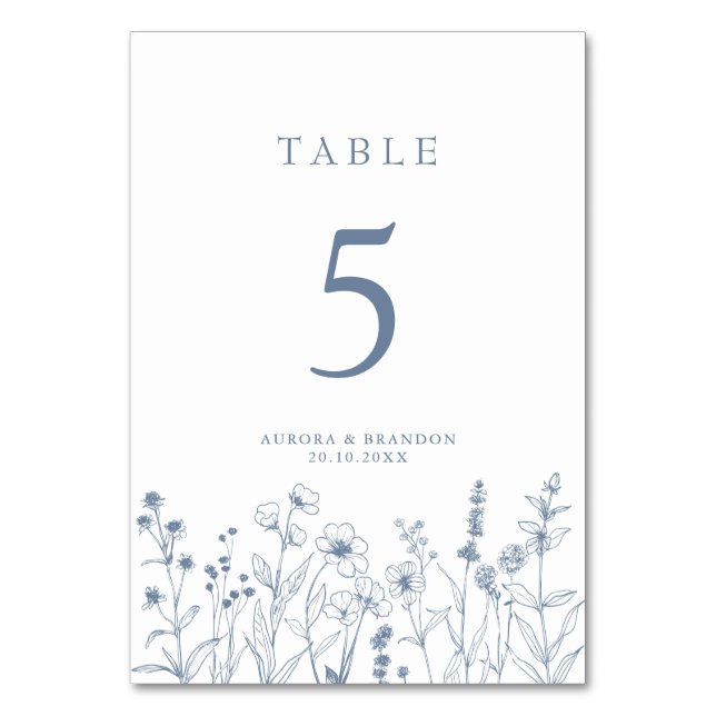 Simple Minimalist Periwinkle Wildflower Wedding Table Number (Front)