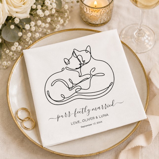 Simple Minimalist Personalized Pet Cat Wedding  Napkin (Customize with names & event date. Add  other text between the square symbols if you wish)
