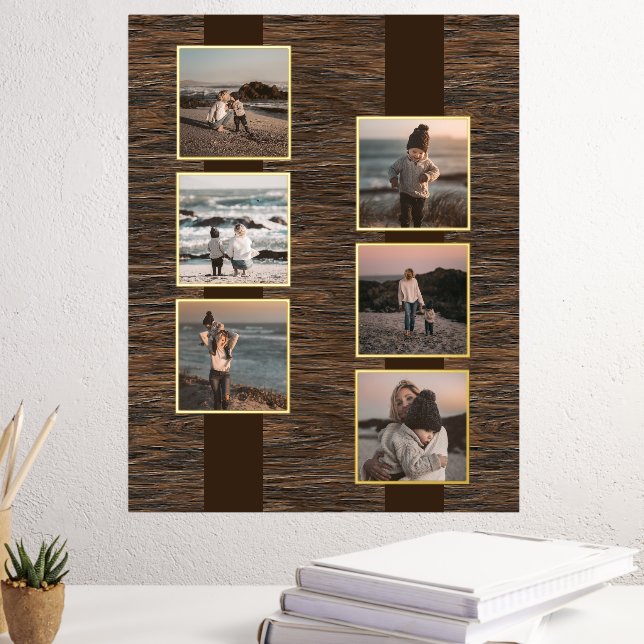 Simple Minimalist Photo Collage On Wood Grain Gold Foil Prints (In Situ (Desk 3))