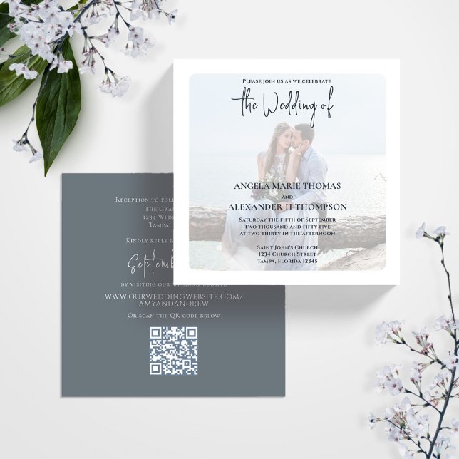 Simple Minimalist Photo Dusty Blue QR Code RSVP Invitation (Elegant photo simple grey wedding invitation with a scannable QR code.)