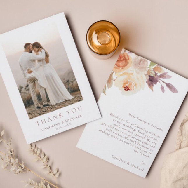Simple Minimalist Photo Floral Wedding Thank You Card (Creator Uploaded)