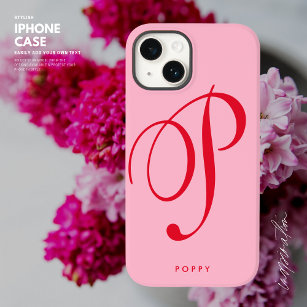 Simple Minimalist Pink and Red Script Initial Name Case-Mate iPhone 14 Case
