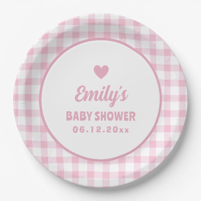 Simple Minimalist Pink Gingham Girl Baby Shower Paper Plate (Front)