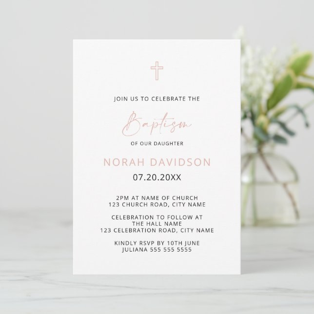 Simple Minimalist Pink Grey Cross Baptism  Invitat Invitation (Standing Front)