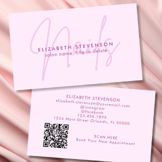 Simple Minimalist Pink Script Nail Artist QR Code Business Card
