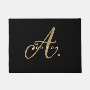 Simple Minimalist Plain Black Gold Script Monogram Doormat