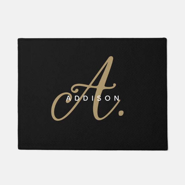 Simple Minimalist Plain Black Gold Script Monogram Doormat (Front)